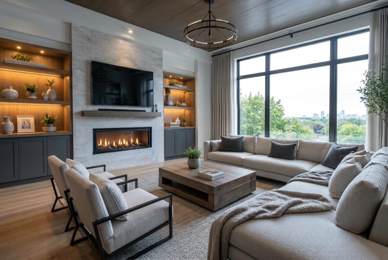 The same structurally unchanged living room with the fireplace now lit, after balanced lighting and movable-clutter cleanup. Digitally enhanced.