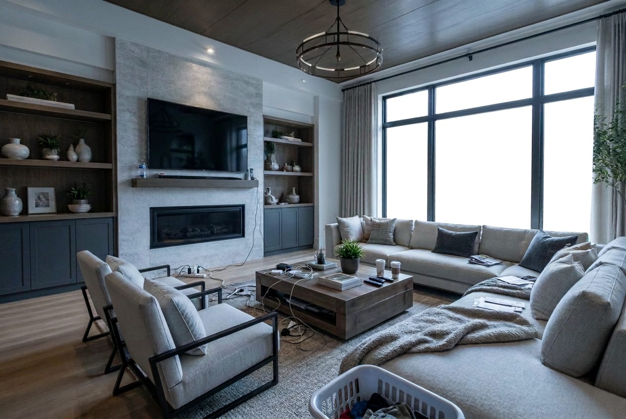 Unedited living room with flat exposure, movable clutter, blown-out windows, and an unlit fireplace